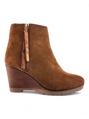 Fabianelli Tan Suede Lined Ankle Boots Almond Toe Stacked Wedge Sole Size 39